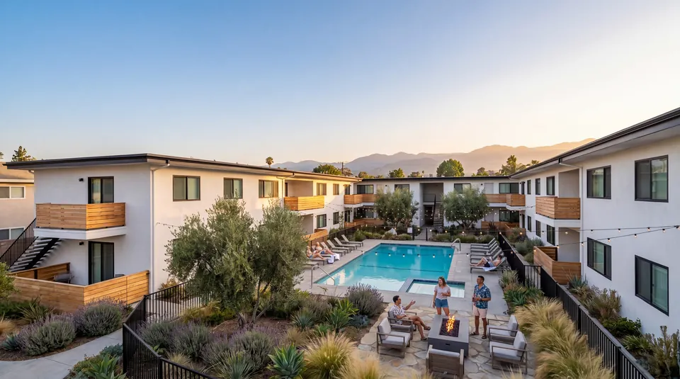 The courtyard and pool at golden hour