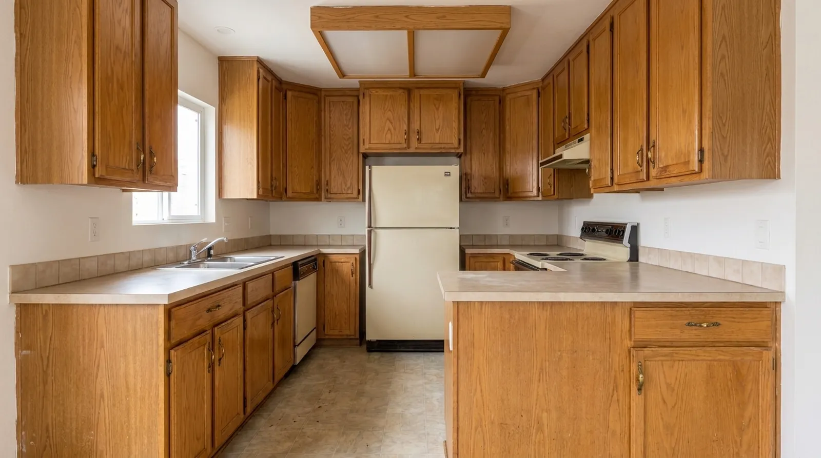 A classic kitchen before renovation: oak cabinets and laminate counters