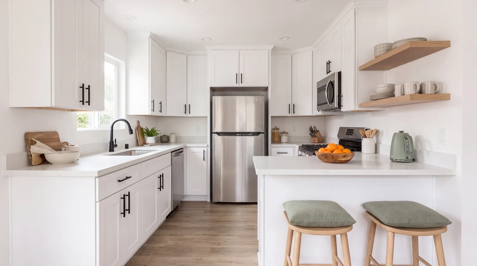 The same kitchen after renovation: white shaker cabinets and quartz