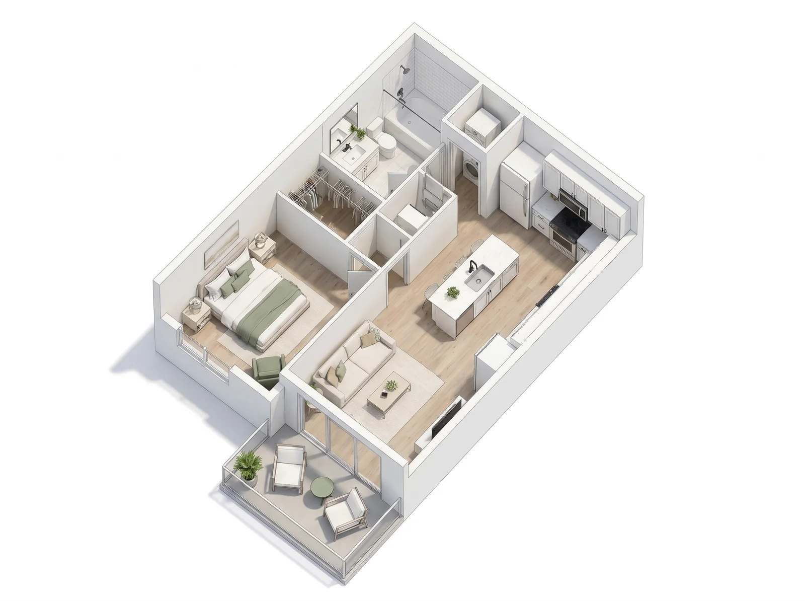 3D floor plan of The Navel: 1 bedroom, 1 bath, about 700 square feet