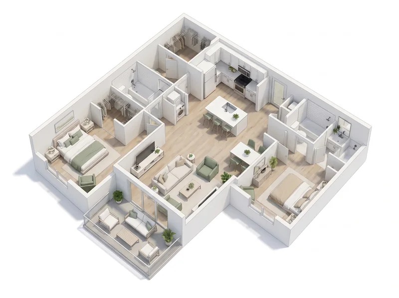 3D floor plan of The Valencia, 2 bedroom 2 bath